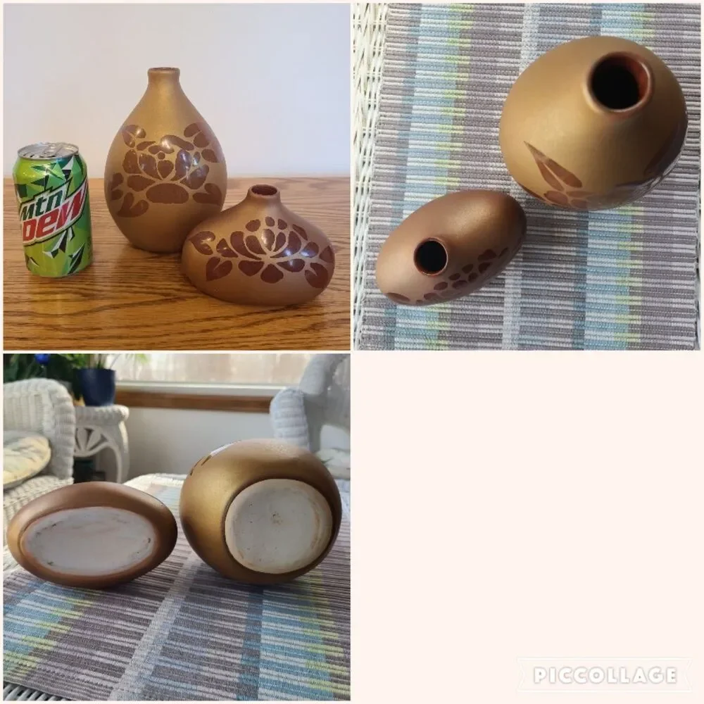 Vintage Matte Bronze On Bronze Slip Cast Pottery Vases With Rose & Leaves Design